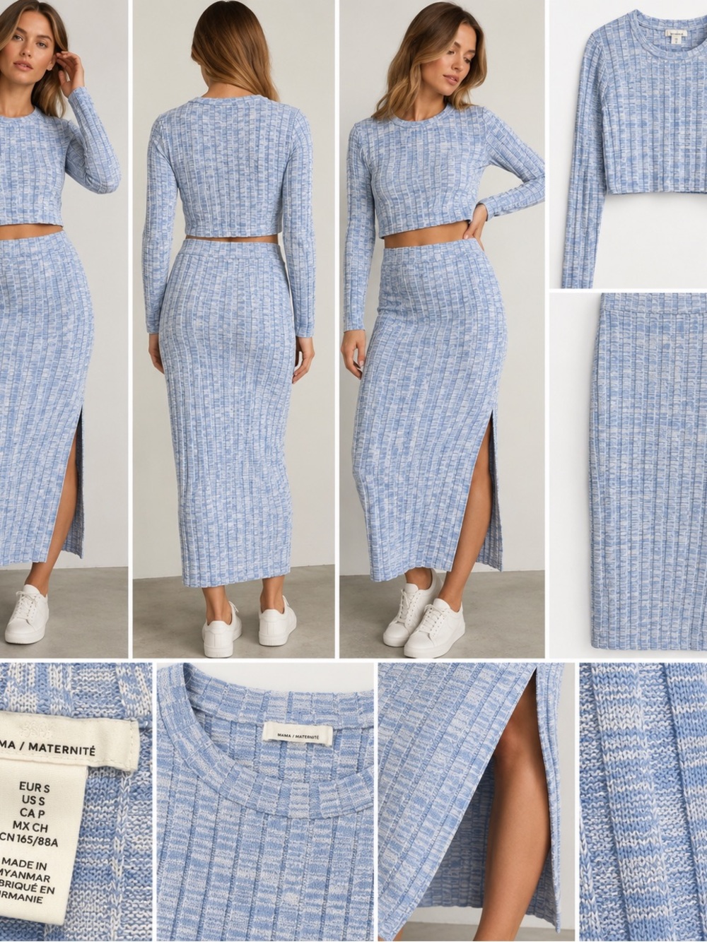 Maternity Ribbed Knit Maxi Skirt with Side Slit in Light Blue - Women's Set